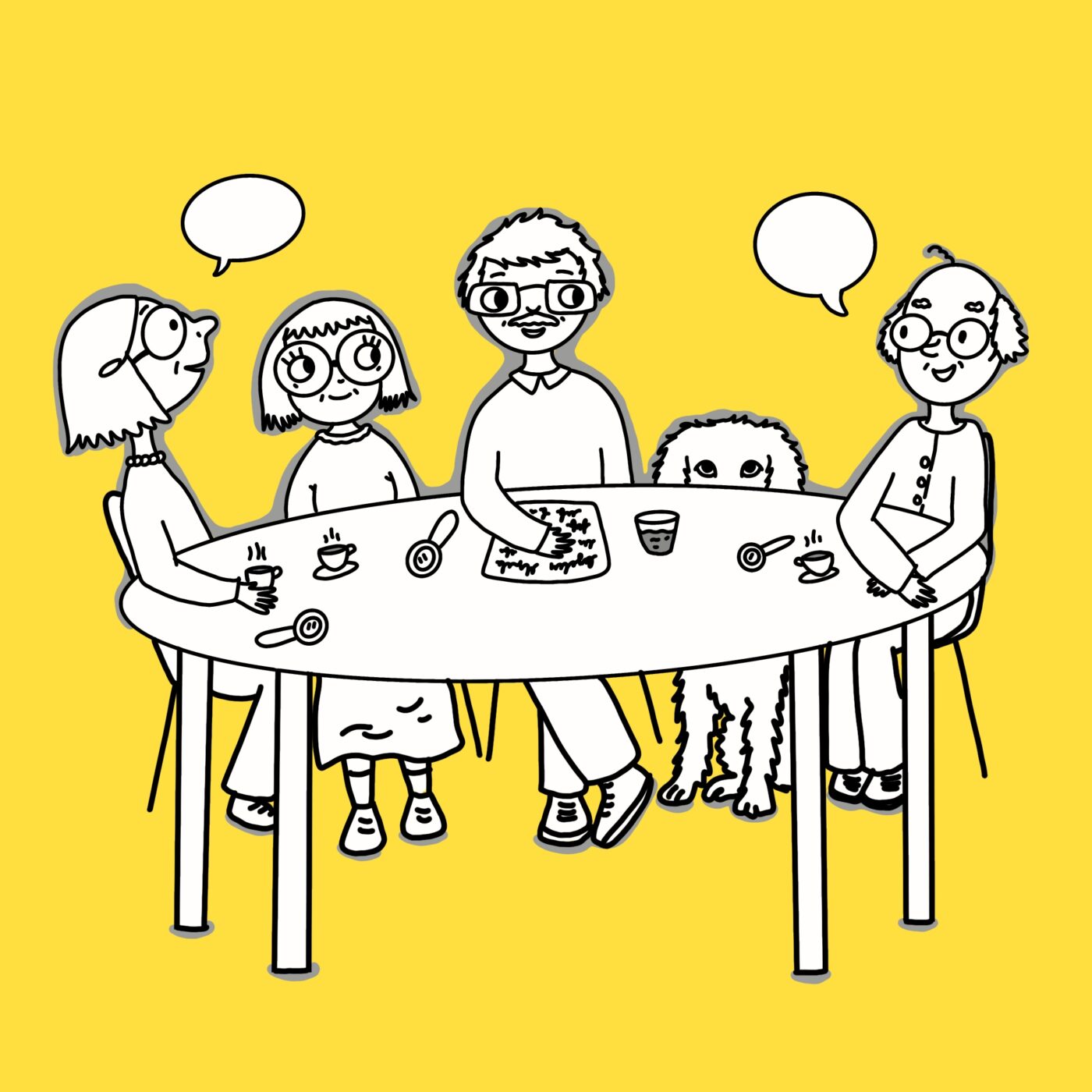 Illustration d'un groupe de parole. Autour d'une table ronde sont assis deux femmes, deux hommes et un chien. Sur la table, il y a des tasses et des petites cuillères et une feuille de papier sur laquelle on a écrit.