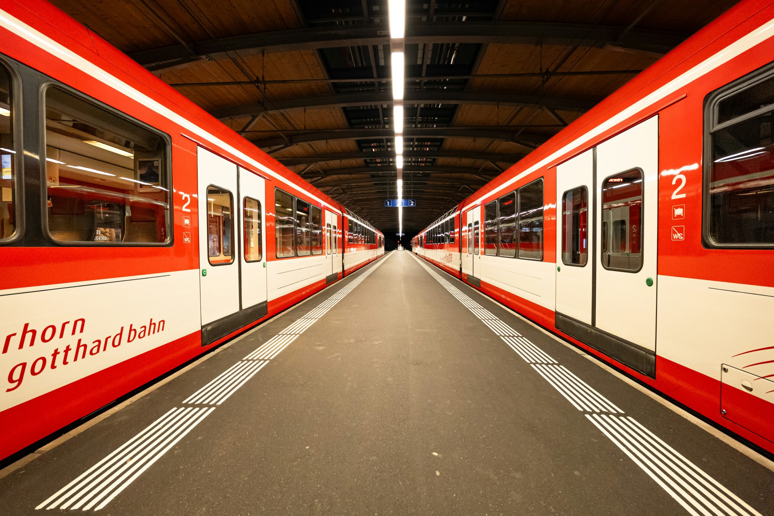 Situation à la gare. Il y a un train à gauche et un train à droite. Il y a des lignes de guidage au bord du perron. Le perron est vide.
