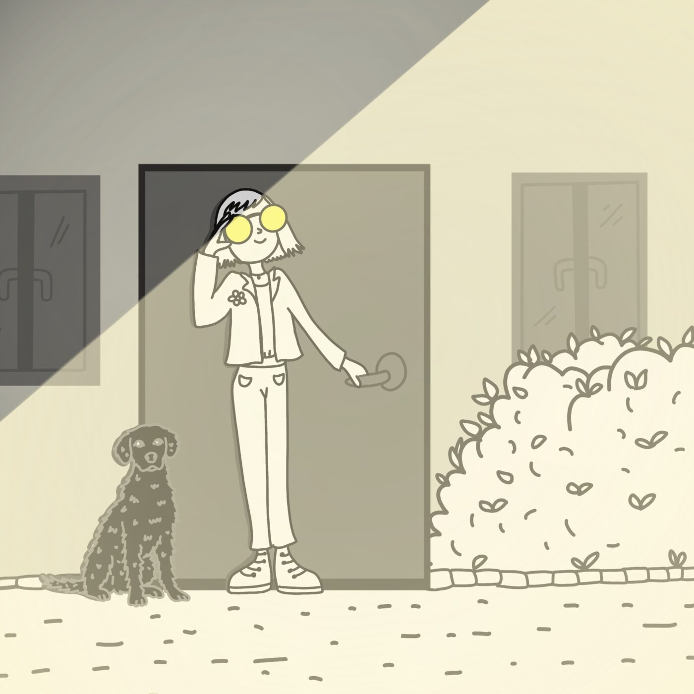 Illustrazione di una donna con occhiali con filtri antiabbagliamento che esce di casa insieme al suo cane.
