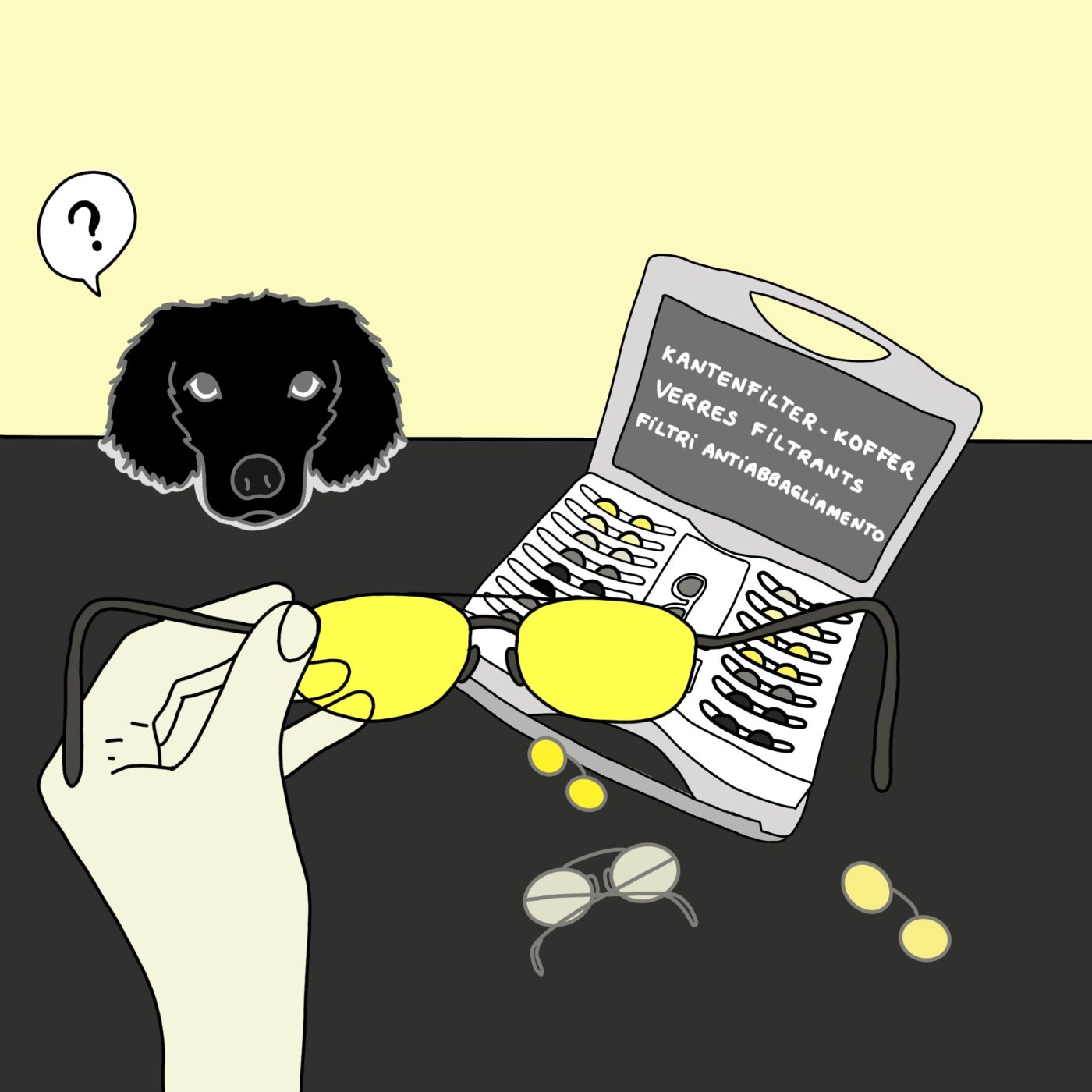 Illustrazione: su un tavolo c'è una valigetta con molti occhiali con filtri antiabbagliamento. In primo piano si vede una mano con un paio di occhiali, mentre dal bordo del tavolo fa capolino la testa di un cane dall'aria interrogativa.